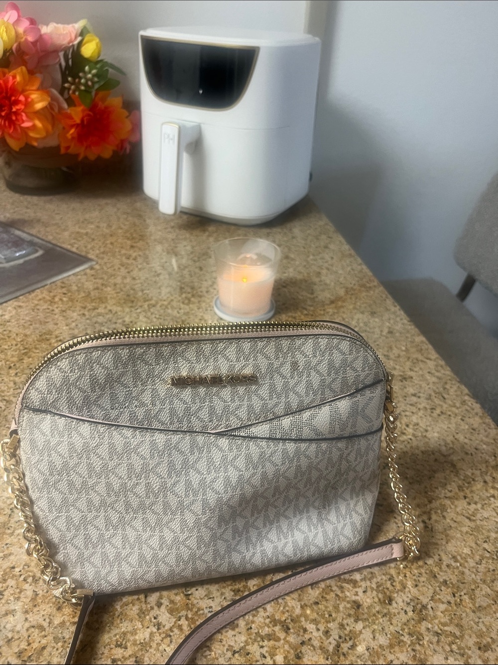 Michael Kors Light Pink Logo Crossbody with Gold Chain Trim